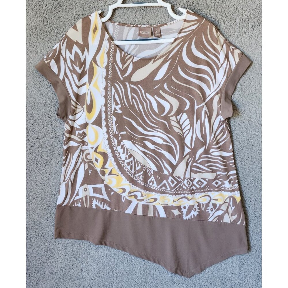 Chico's Women's Short Sleeve Stretch Blouse‎ Top Asymmetrical Hem Printed 2 (L)